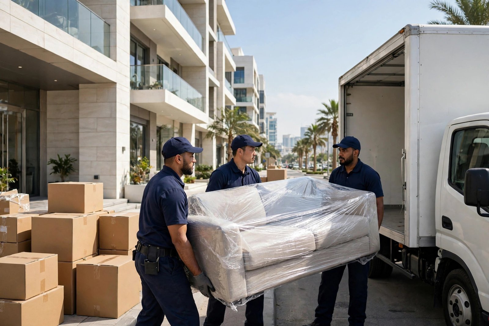 Movers carrying a wrapped sofa to a moving truck in Jeddah