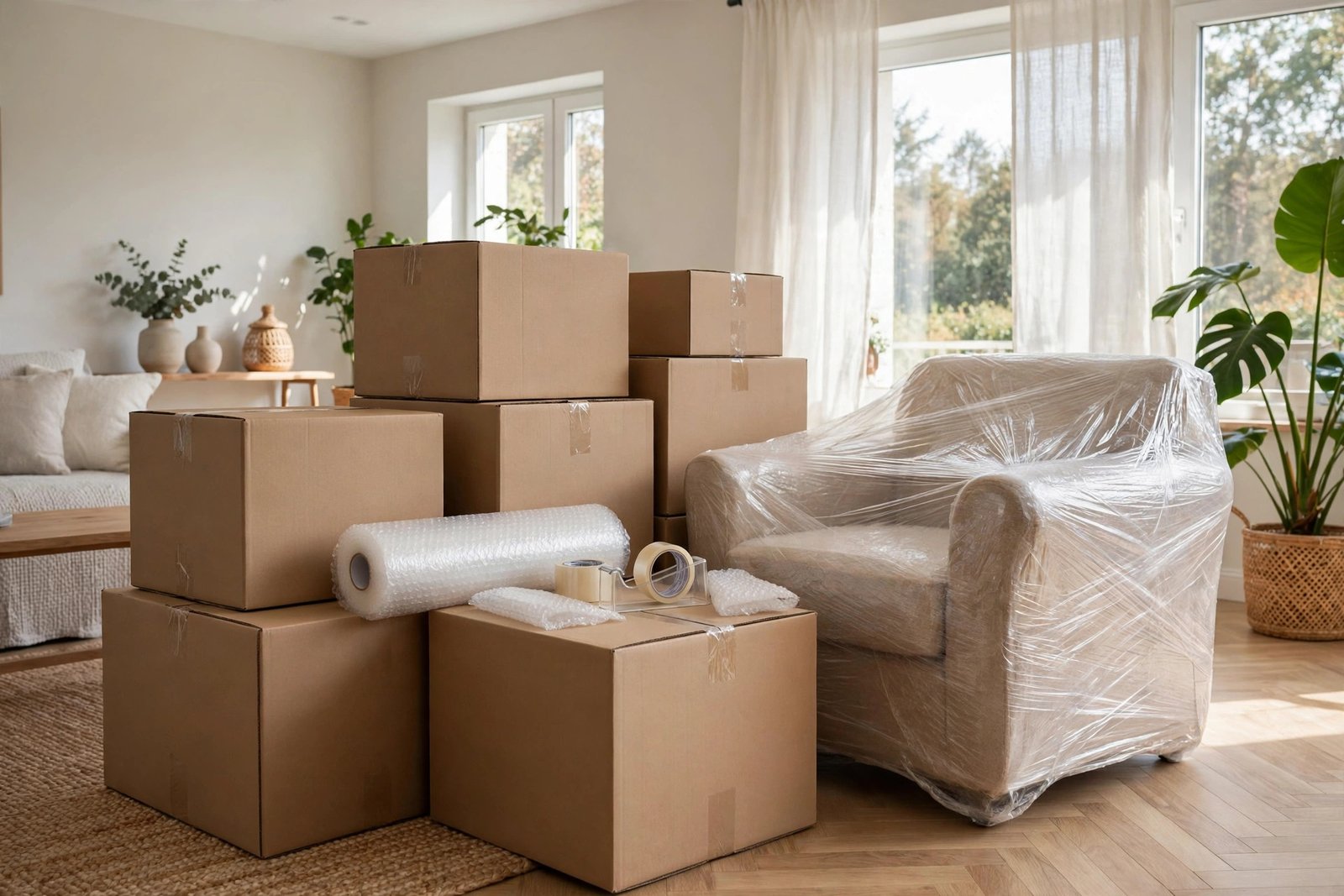 Packed moving boxes and a wrapped armchair